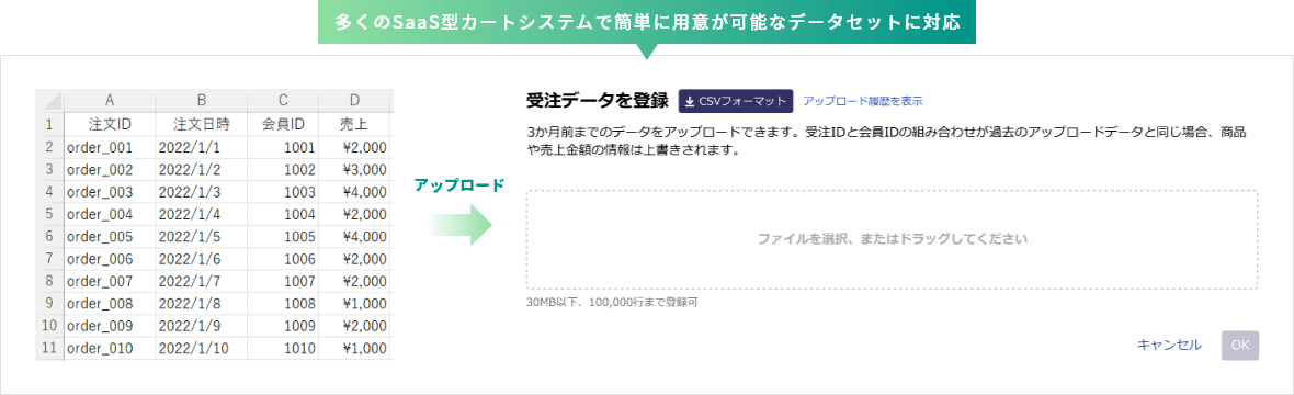 多くのSaaS型カートシステムで簡単に用意が可能なデータセットに対応