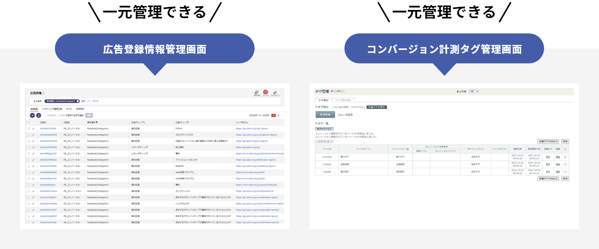 一元管理できる 広告登録情報管理画面 コンバージョン計測タグ管理画面