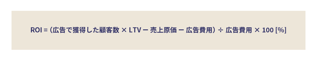 ROI = （広告で獲得した顧客数 × LTV – 売上原価 – 広告費用） ÷ 広告費用 × 100 [%]