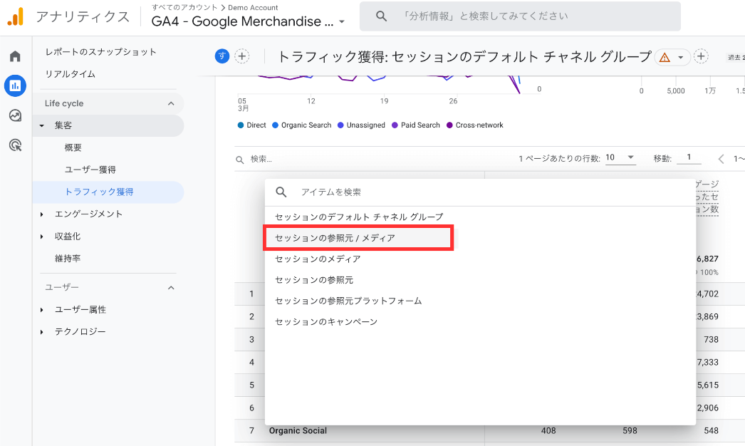 パラメータから流入経路を確認する手順：「セッションの参照元 / メディア」