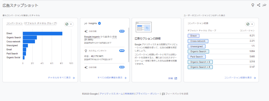GA4管理画面：広告スナップショット