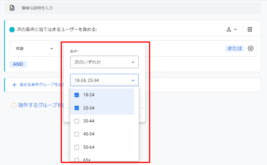 「次のいずれか」「18～24歳」「25～34歳」設定 キャプチャ