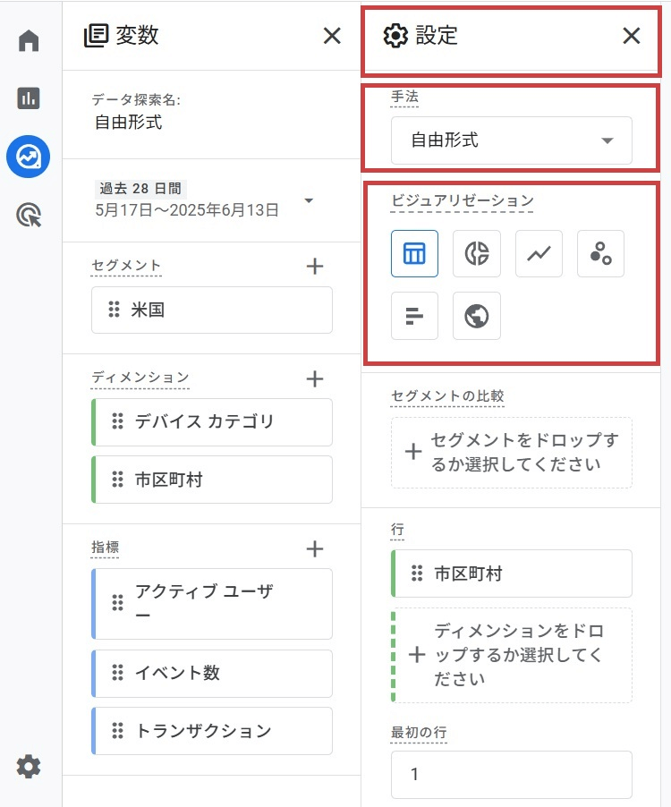 分析の目的に合わせてテンプレートを選択例)「タブの設定」