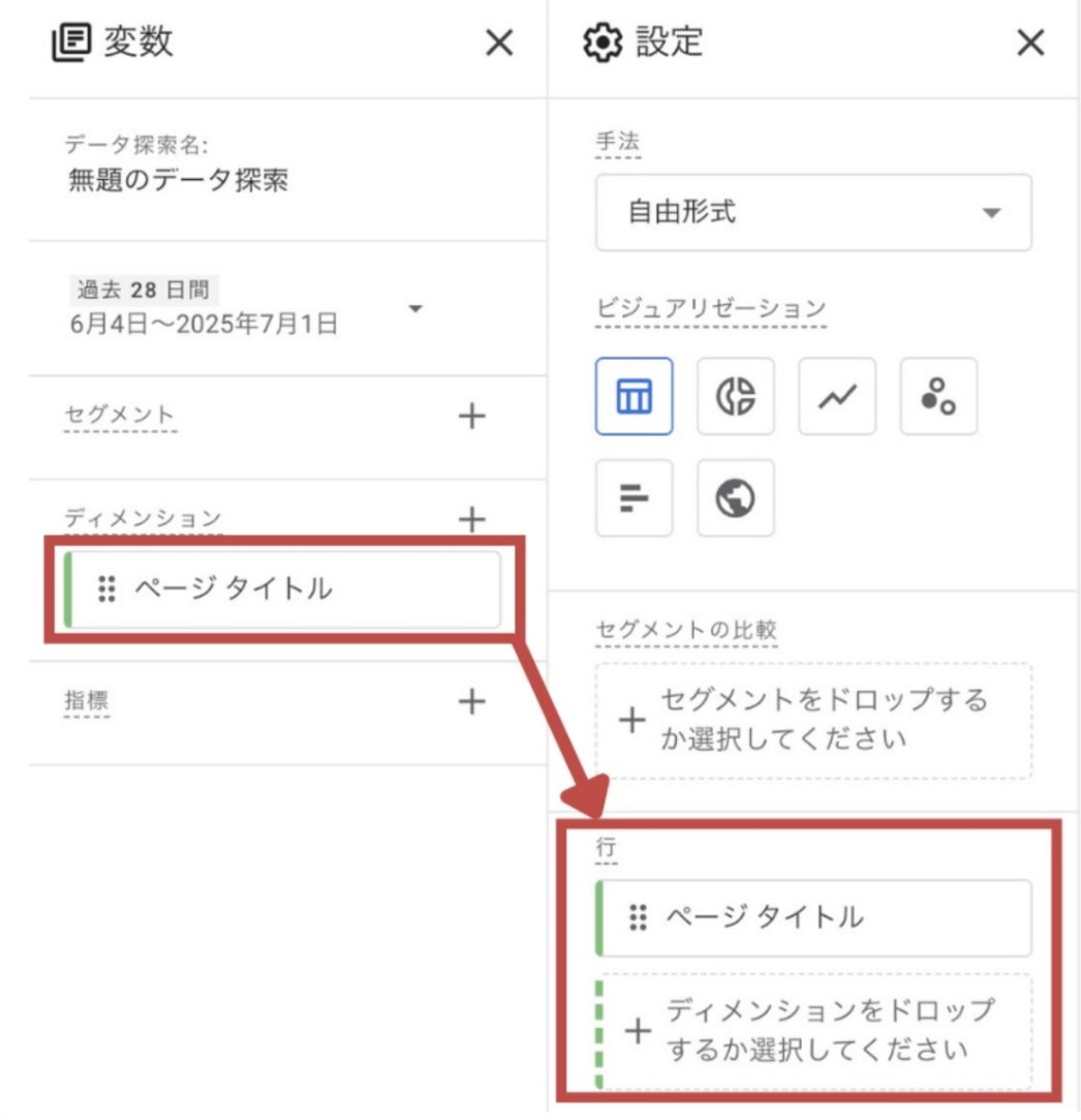 GA4「設定」列にある「行」のエリアに、ディメンション「ページタイトル」をドラッグ