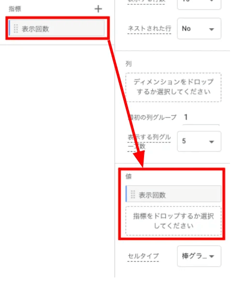 GA4「設定」列にある「値」のエリアに、指標「表示回数」をドラッグ