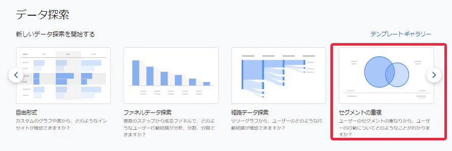 GA4「探索」 →「テンプレートギャラリー」 をクリックして「セグメントの重複」